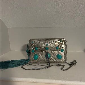 Silver and Turquoise Embellished Women's Bag
